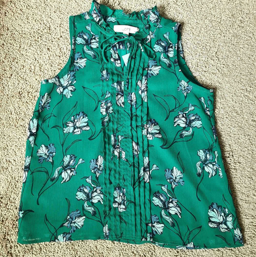 LOFT Green Floral Top with Ruffle Tie Detail